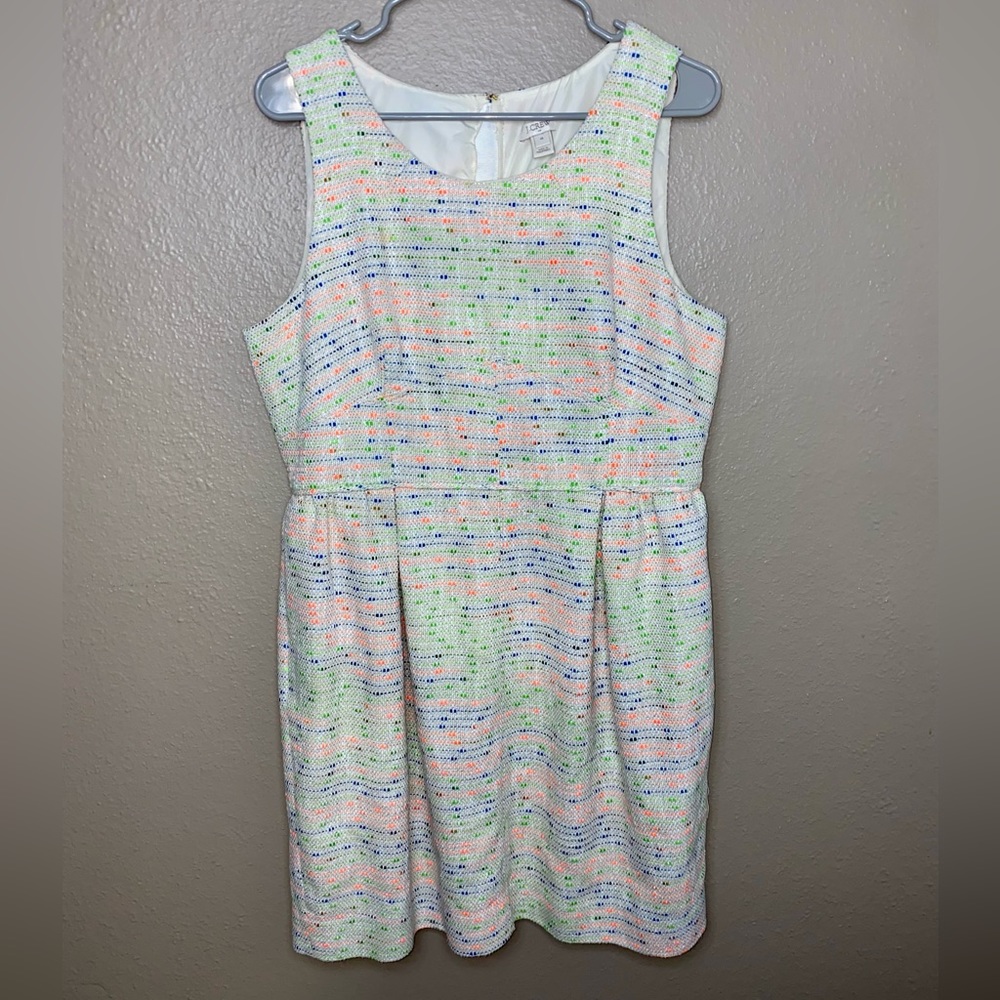 J. Crew Cream Multicolor Green Orange Blue Tweed Sleeveless Dress Size 14